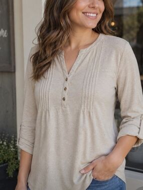 Notations Woman Split V-Neck Henley In Oatmeal Size 1X Pintuck Detail